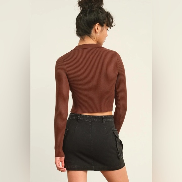 Ribbed double Zip Cardigan Top - Black - Picture 4 of 4